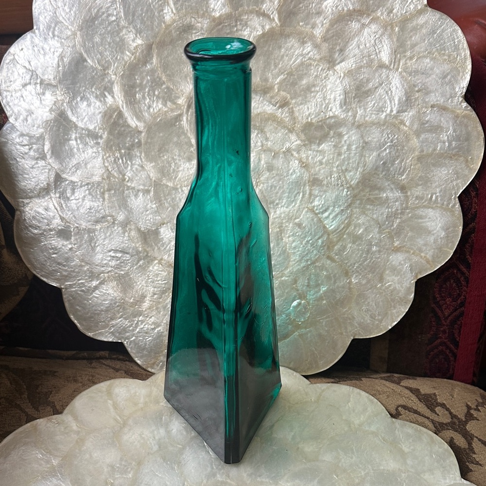 Vintage TRIANGULAR TEAL BLUE BOTTLE. 9.25" TALL X 3" SIDES. No Chips/Cracks